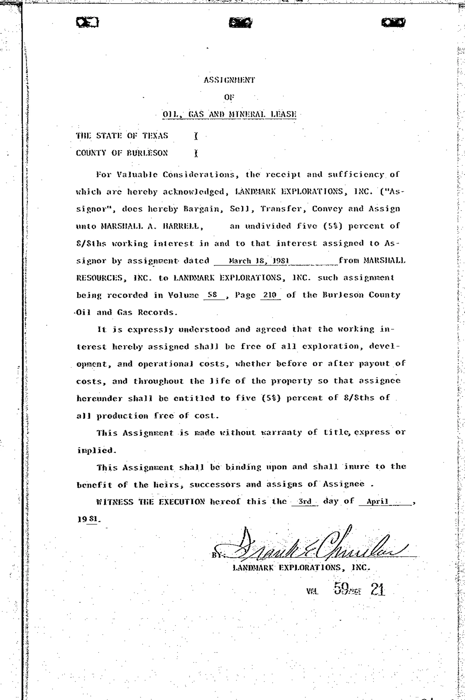 Landmark Exploration Inc. - Recorded Asgmt Of Lease (Vol. 59, Page 21)