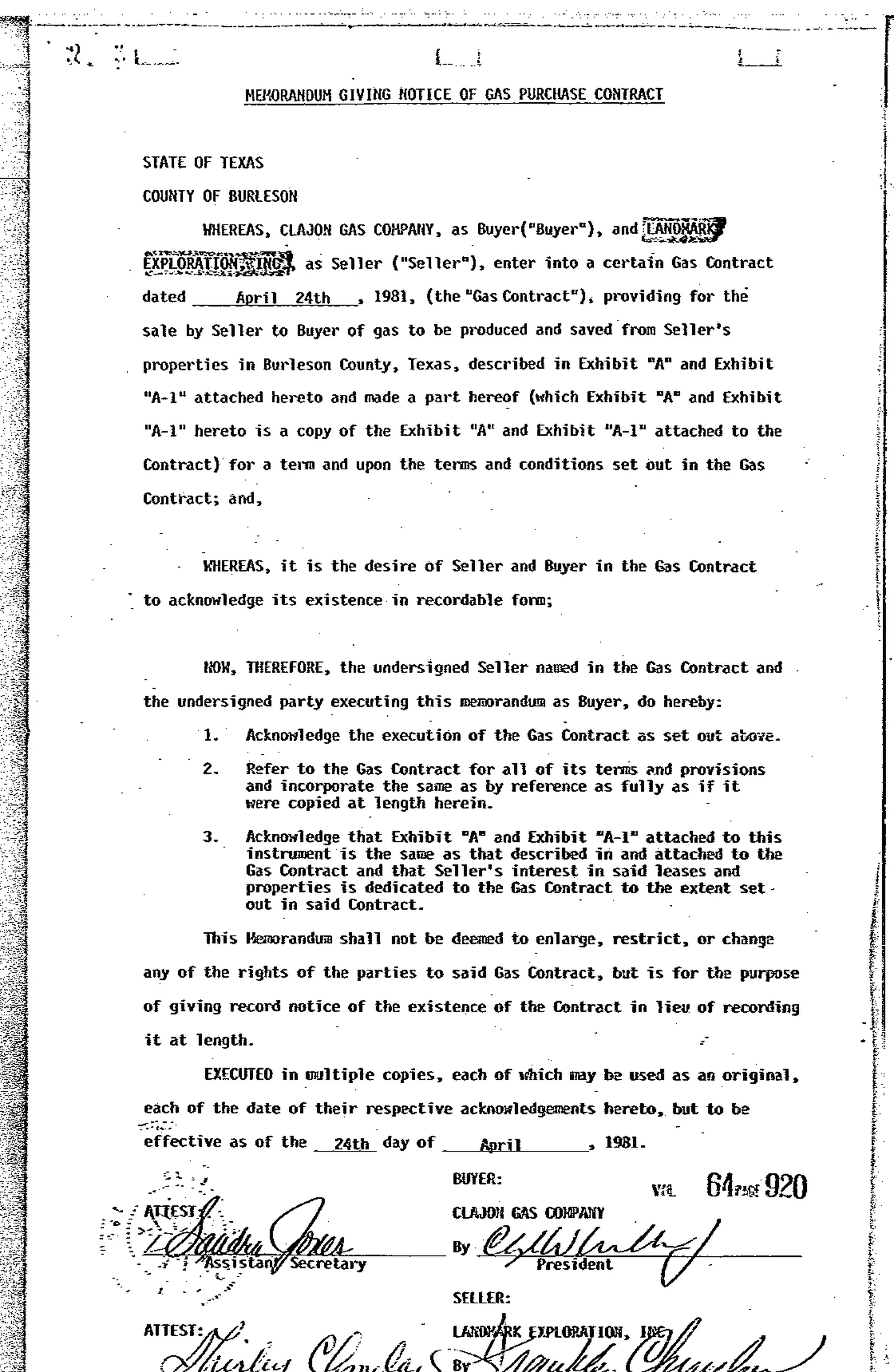 Landmark Exploration Inc. - Recorded Memo Contr (Vol. 64, Page 920)